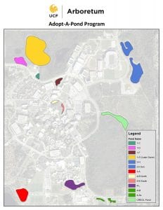 A map indicating the ponds on campus that are part of the Adopt-A-Pond program.