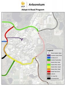 A map indicating the roads on campus that are part of the Adopt-A-Road program.