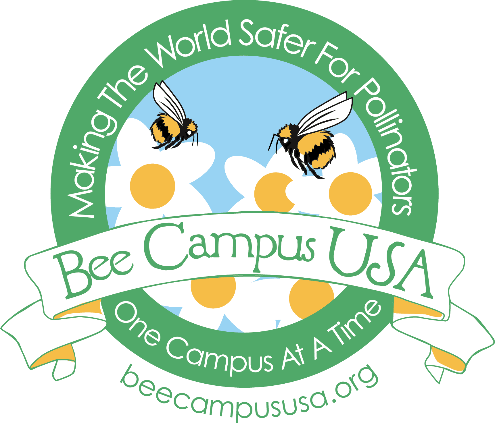 The Bee Campus USA logo - a green circle with the words "Making The World Safer For Pollinators One Campus At A Time" around it. Illustrated bees and white flowers are in the center. The website, beecampususa.org, is underneath.