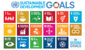 Illustration of the 17 United Nations Sustainable Development Goals with icons and color coding.