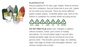 Recycling guide for plastics #1-#7, showing plastic products, recycling symbols, and instructions for recyclable and non-recyclable items.
