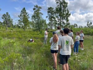 A group of people in casual clothing stands in a grassy, wooded area, observing someone kneeling on the ground, likely discussing the need for a site use permit.