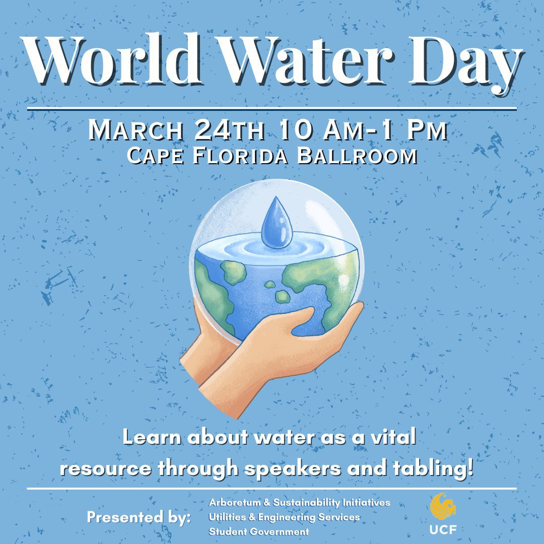 Illustrated poster for World Water Day event on March 24th, 10 AM-1 PM in the Cape Florida Ballroom. Features hands holding a globe with water drop, and text about speakers and tabling.