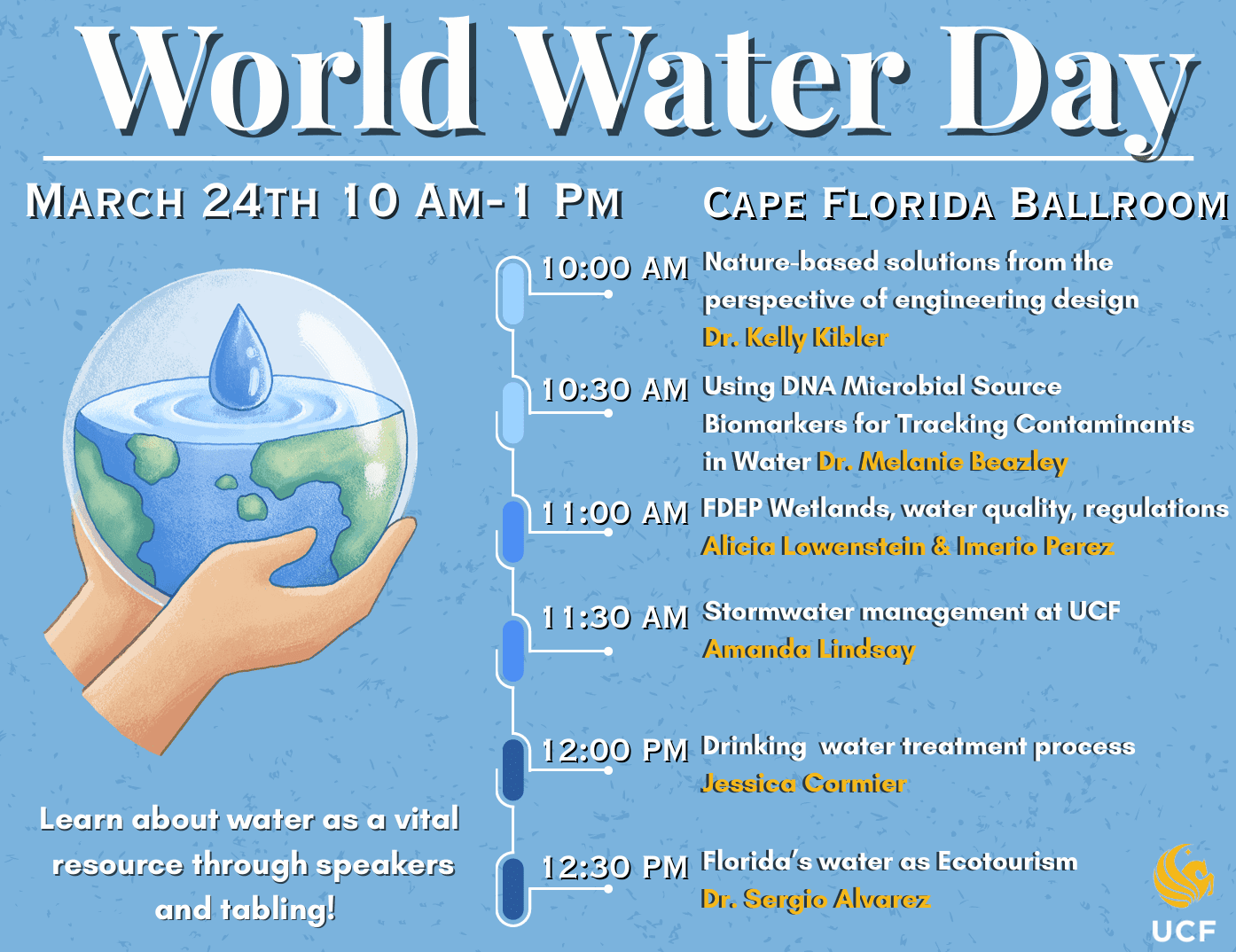 Colorful World Water Day poster detailing event schedule on March 24th from 10 AM to 1 PM at Cape Florida Ballroom, highlighting various speakers and water-related topics.