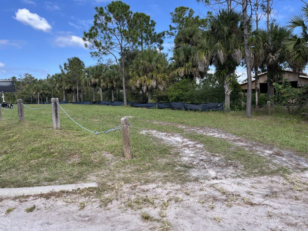 A dirt path bordered by wooden posts and a chain leads to a grassy area lined with palm trees and a building partially visible on the right.