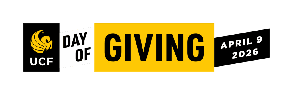 UCF Day of Giving banner featuring the UCF logo and text: "Day of Giving, April 9, 2026" in black and yellow, celebrating campus initiatives like the UCF Arboretum.